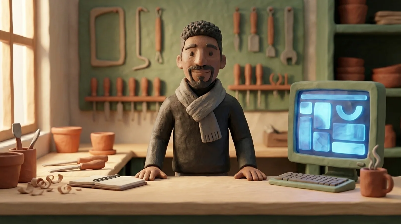 Jonathan Joyeux, personnage claymation dans son atelier