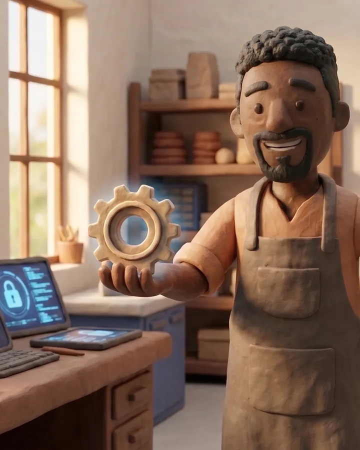 Un artisan tend un engrenage en argile, devant son établi et son mur d'outils