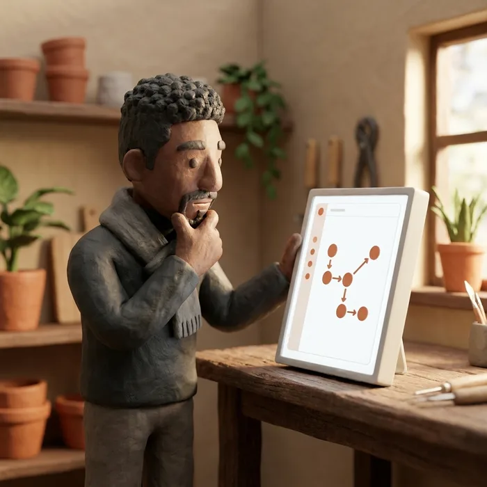 Jonathan analyse un tableau de flux sur son ordinateur, dans son atelier
