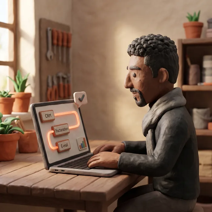 Jonathan connecte des outils entre eux sur son ordinateur, dans son atelier