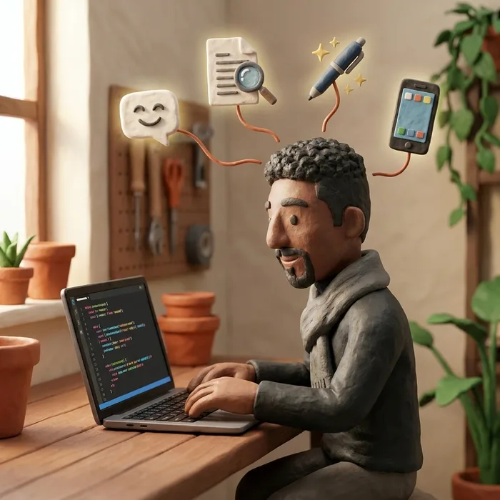 Jonathan développe une application sur son ordinateur, dans son atelier
